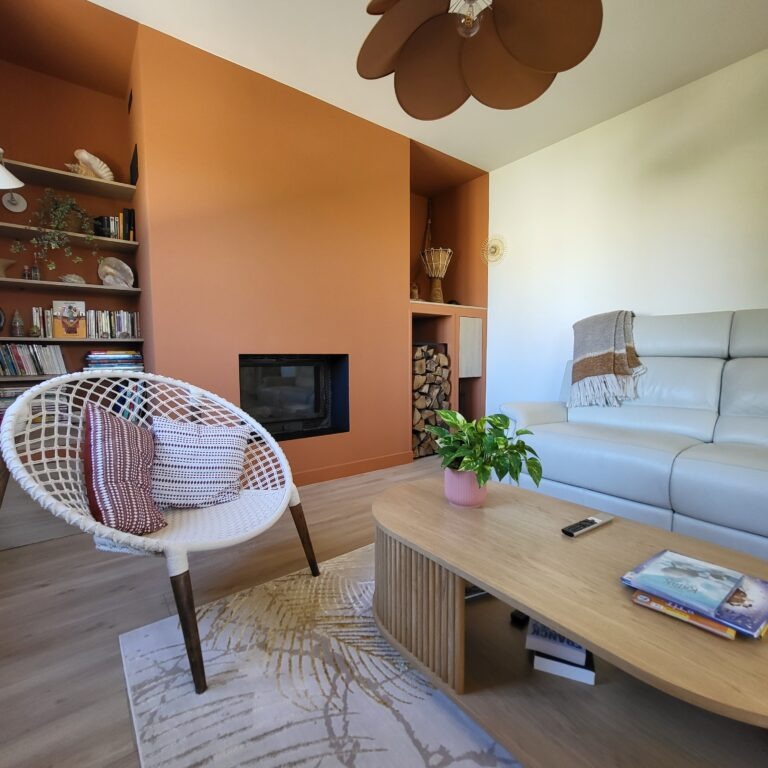 Projets architecte d'intérieur : décoration d'un salon avec mur terracotta et mobilier design en bois.