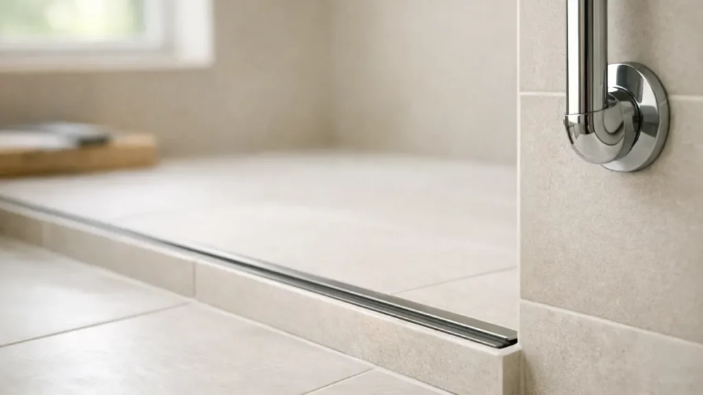 Seuil de douche de plain-pied avec barre d'appui dans une salle d'eau en travaux